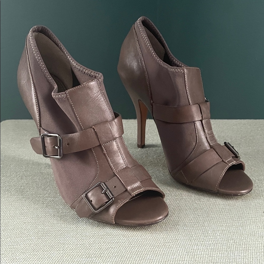 Saks Fifth Avenue Brown Buckle Peep-Toe Heels